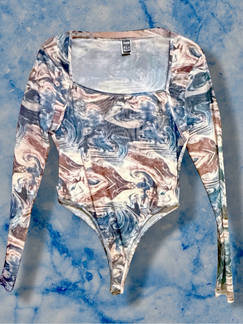 SHEIN Blue, Brown & Cream Marbled Mesh Body Suit Size Large